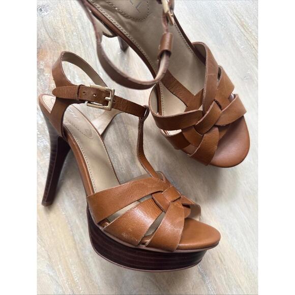 Cognac Strappy Leather Sandals Twist Wood Platform Heels size 8 - Picture 1 of 8